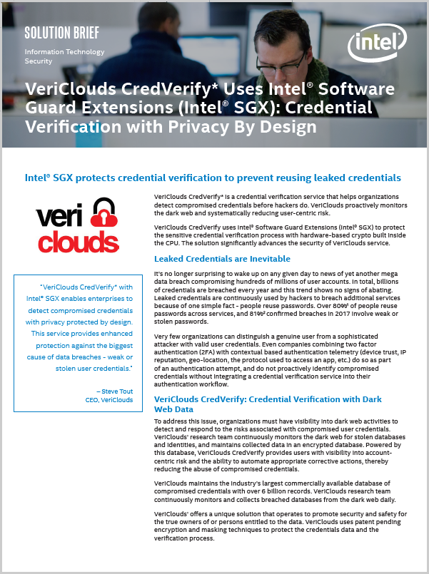 Solution Brief: VeriClouds CredVerify Uses Intel® Software Guard Extensions (Intel® SGX) - image Intel-SGX-Vericlouds-Solution-Brief on https://www.vericlouds.com